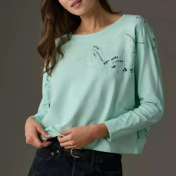 By Anthropologie Embroidered Sweatshirt Blouse Top Long Sleeve Cotton XL 275453 - Picture 1 of 8